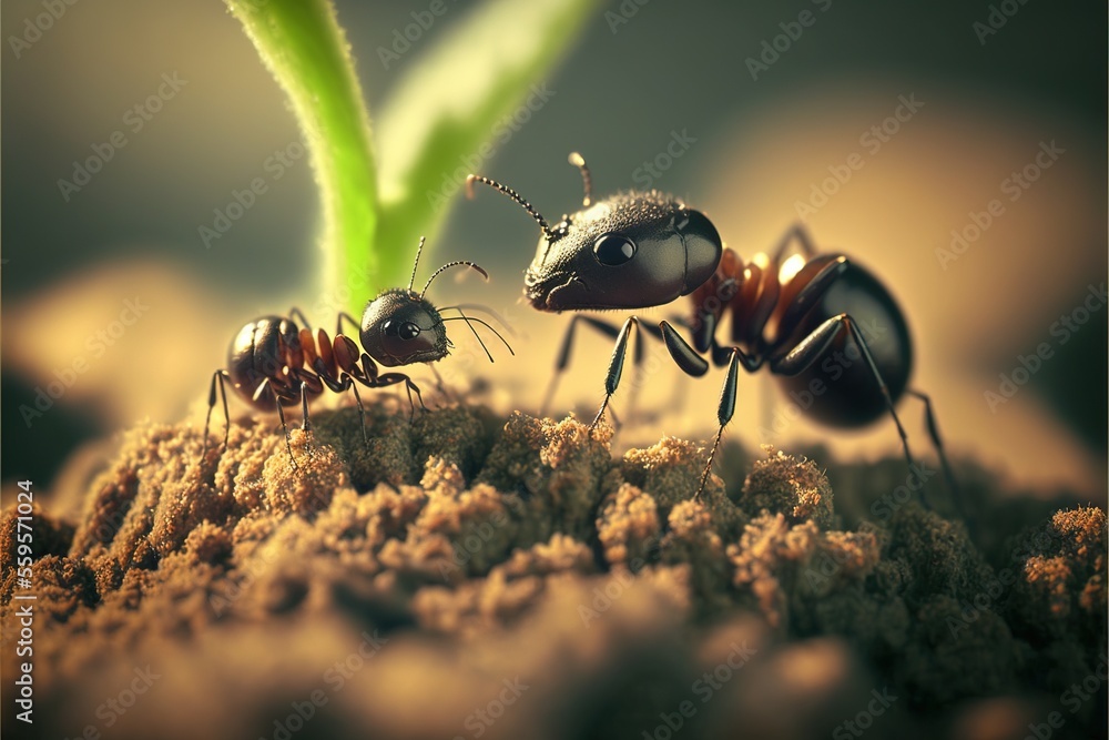 Poster two ant ants are standing on a plant with a green leaf in the background and a dark background with 