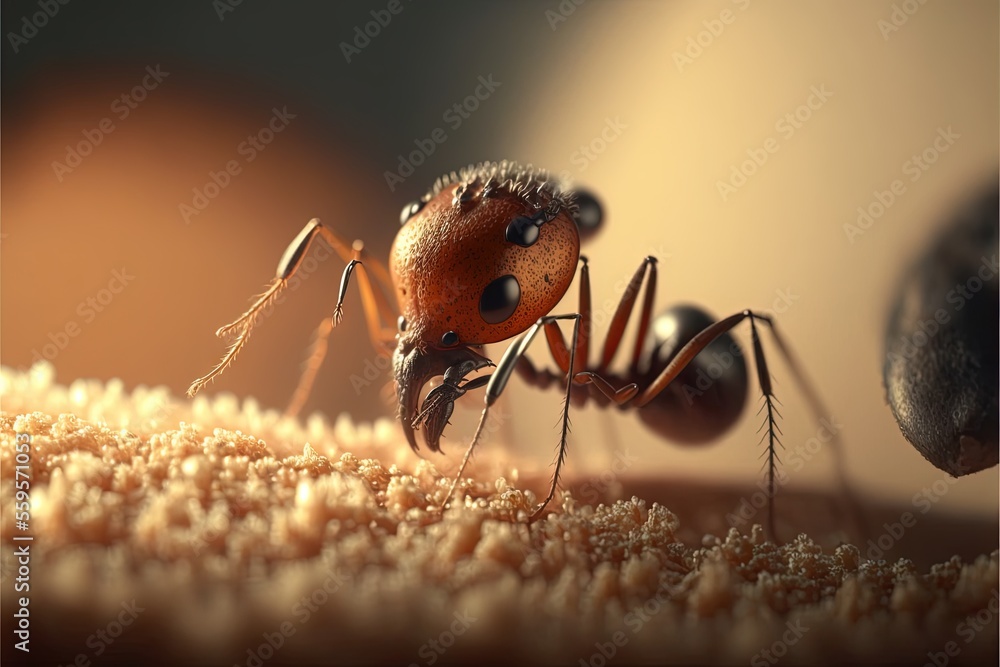 Poster a close up of a group of ants on a bed of food with one of them looking at the camera lens and the o