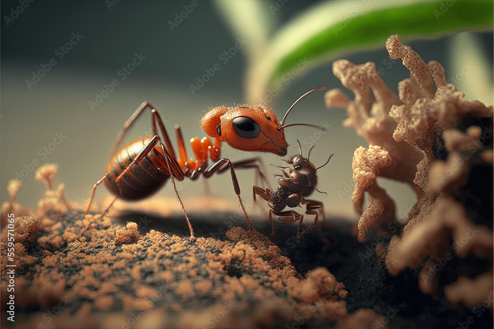 Poster a close up of a small ant ant on a rock with a plant in the background and a bug in the foreground w
