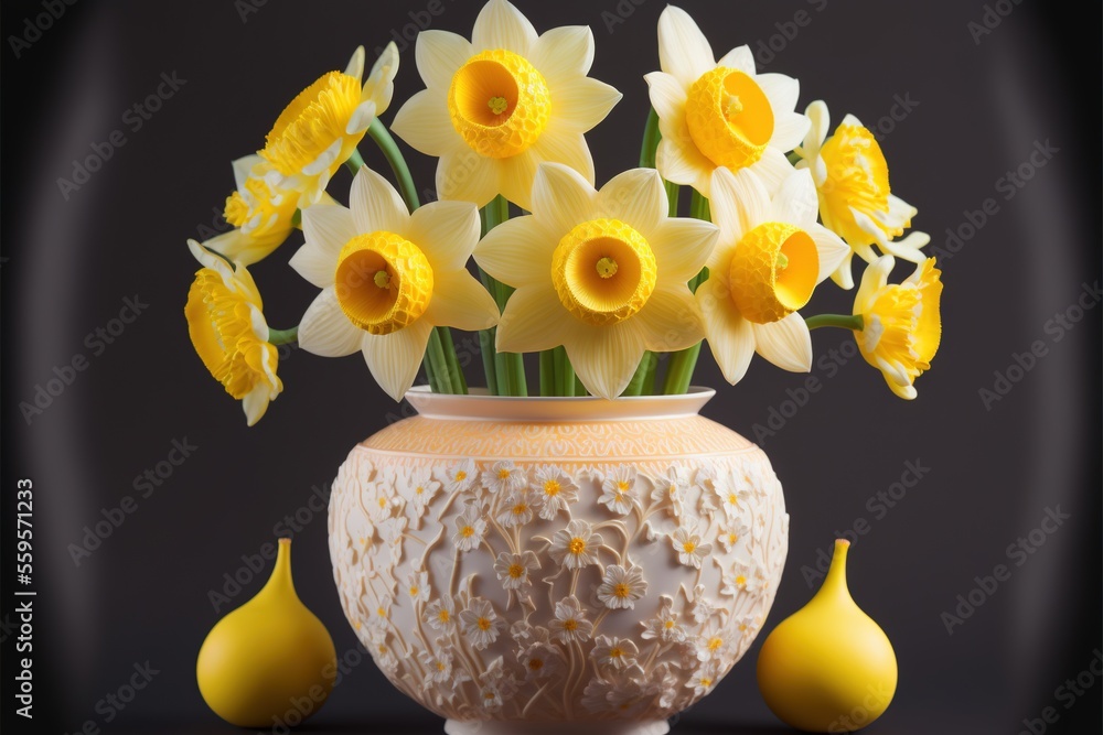 Poster a vase with yellow flowers in it and three yellow vases next to it on a table with a black backgroun