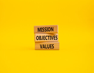 Mission Objectives Values symbol. Concept words Mission Objectives Values on wooden blocks. Beautiful yellow background. Business and Mission Objectives Values concept. Copy space