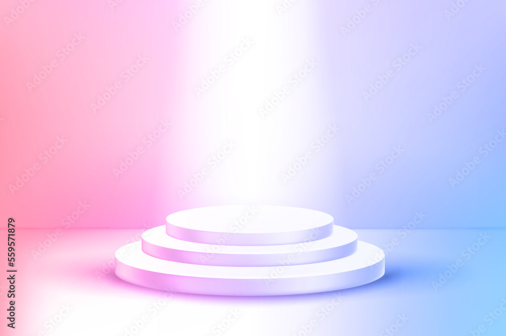 Aufkleber vivid empty stage with round showcase and bright projector. 3d vector illustration