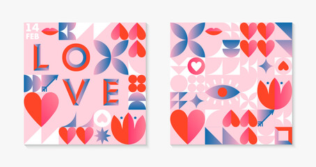 Valentines Day pattern templates.Romantic vector wallpapers in bauhaus style with geometric elements and symbols.Modern trendy designs for prints,banners,fabric,invitations,branding,covers.