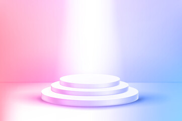 Vivid empty stage with round showcase and bright projector. 3d vector illustration