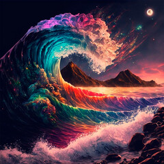 Fototapeta na wymiar night beach with beautiful iridescent waves of different colors. High quality illustration