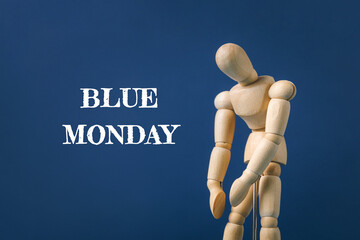 Sad human figure with head tilted on a blue background with 