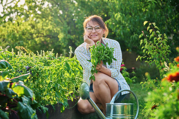 Middle-aged woman with watering can near garden bed with spicy fragrant herbs © Valerii Honcharuk