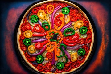 a pizza with peppers and onions on a wooden table top with a red background and a blue border around it with a black border around the edges and a red border with a black border.
