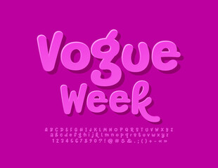 Vector trendy banner Vogue Week. Pink sticker Font. Stylish Alphabet Letters, Numbers and Symbols set