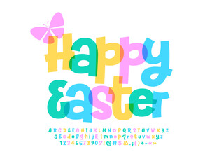 Vector greeting card Happy Easter. Creative watercolor Font. handwritten  Alphabet Letters and Numbers