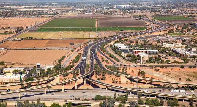 Interchange of the Loop 101 and Interstate 10, aerial lookng North