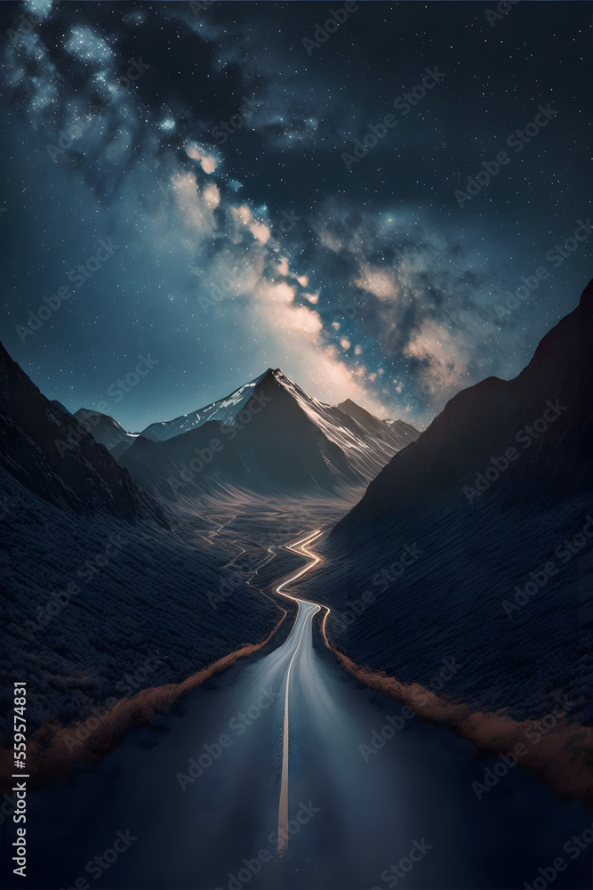 Wall mural road leading to distance in a mountain valley with a milky way galaxy, illustration digital generati