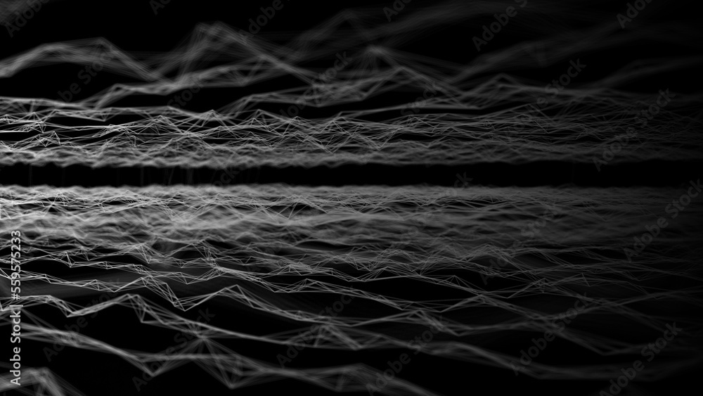 Poster Wave of digital particles on a black background. Abstract interlacing lines and points. Digital connection of elements. Simulation of the movement of small particles. 3D rendering.