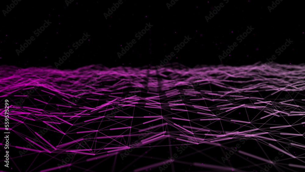 Poster Futuristic wave with lines and dots. Abstract background with a dynamic wave. Particle placement with hanging dots in space. Large data background. 3d rendering.
