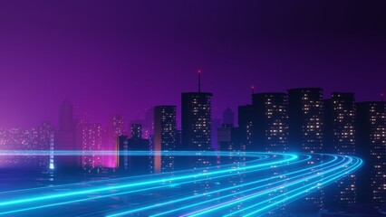 Obraz premium 3d render of Cyber punk night city landscape concept. Light glowing on dark scene. Night life. Technology network for 5g. Beyond generation and futuristic of Sci-Fi Capital city and building scene.