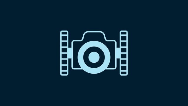 White Photo camera for diver icon isolated on blue background. Foto camera icon. Diving underwater equipment. 4K Video motion graphic animation