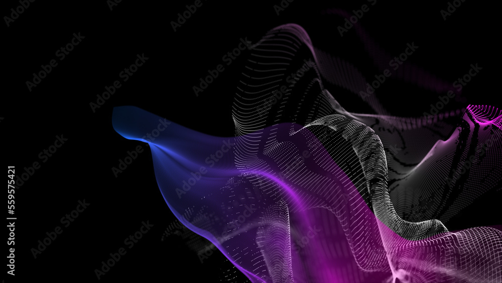 Poster Textured wave of particles. Visualization of technological connections. Molecular connection of particles in space. A wave of atoms. 3d rendering.