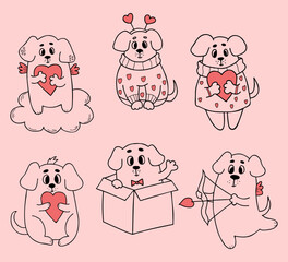 Obraz premium Collection romantic dogs. Cute pets with hearts. Vector illustration in doodle style. Isolated linear hand drawn puppies in love for design and decor of valentines, love postcards, printing.