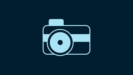 White Photo camera for diver icon isolated on blue background. Foto camera icon. Diving underwater equipment. 4K Video motion graphic animation