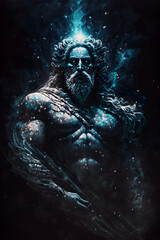 illustration of an greek god, blue dark galaxy stars background, illustration digital generative ai design art style