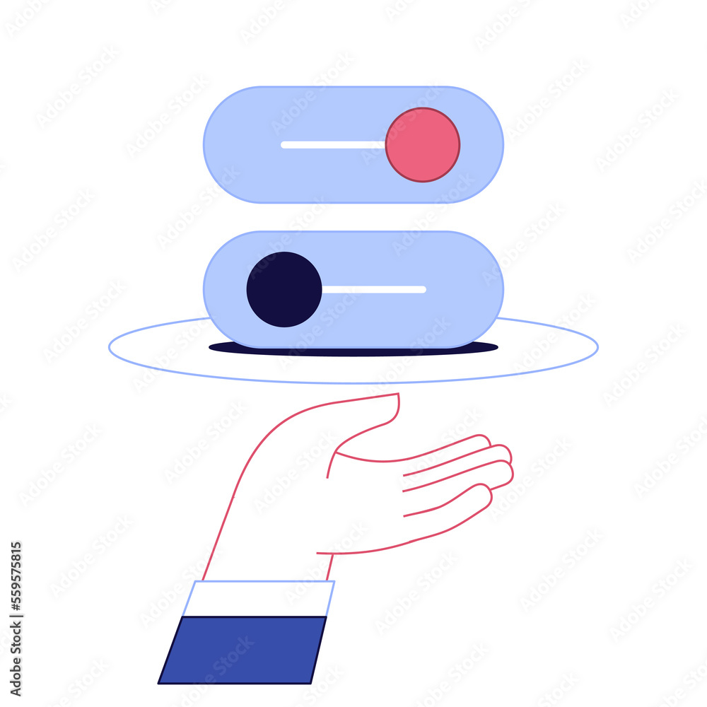 Poster hand with toggle switch icon. on and off position. web symbol on white background. vector illustrati