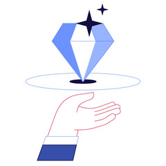 Hand with brilliant, diamond icon. Web symbol on white background. Vector illustration.