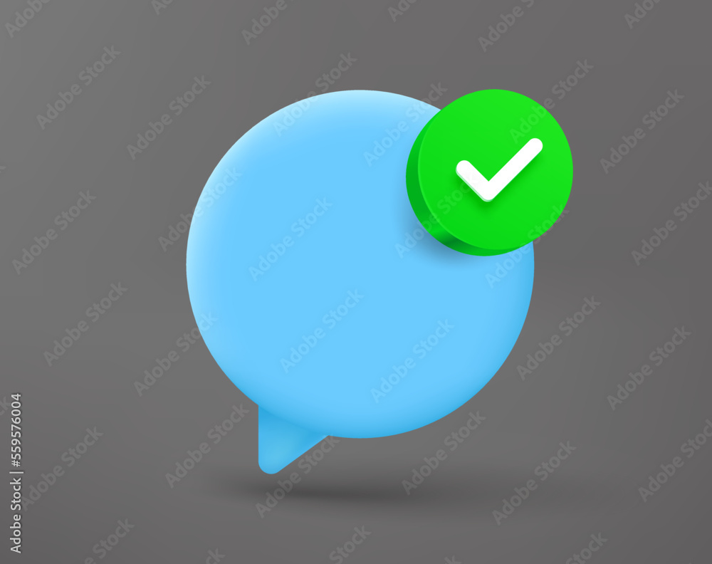 Poster blue chat clouds with green checkmark. 3d vector icon
