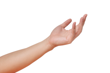 Hand reach out with palm open up. Ready for help and support concept. Background cutout.