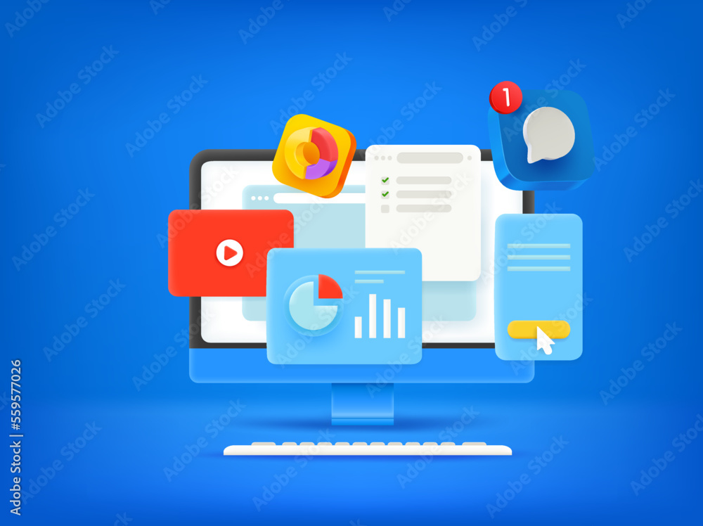 Poster Working with computer. 3d vector concept
