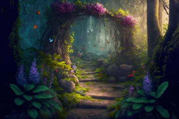 Acrylic prints Fairy forest Fantasy fairy tale background. Fantasy enchanted forest with magical luminous plants, built ancient mighty trees covered with moss, with beautiful houses, butterflies and fireflies fly in the air. 