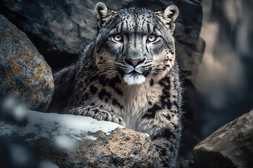 Snow leopard in the snow covered mountains. Digital artwork	