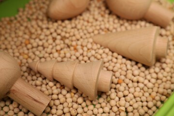 Sensory tray with dried chickpeas and wooden figures, closeup. Montessori toy