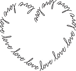 Heart shape formed by handwritten love words. Calligraphic drawing of a heart.