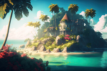 Fantasy landscape exotic island on the sea. AI