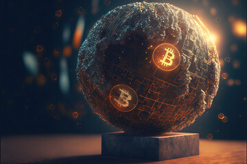Bitcoin verbindet den Globus, Weltweites Bezahlen, Bitcoin Payment, Crypo Money Globe, Blockchain, Globales Zahlungssystem, Bitcoin Netzwerk, - obrazy, fototapety, plakaty