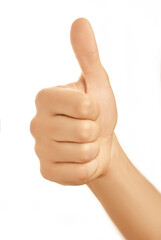 Male hand with thumb up isolated on white.