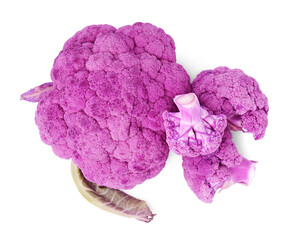 Cut purple cauliflowers on white background, top view. Healthy food