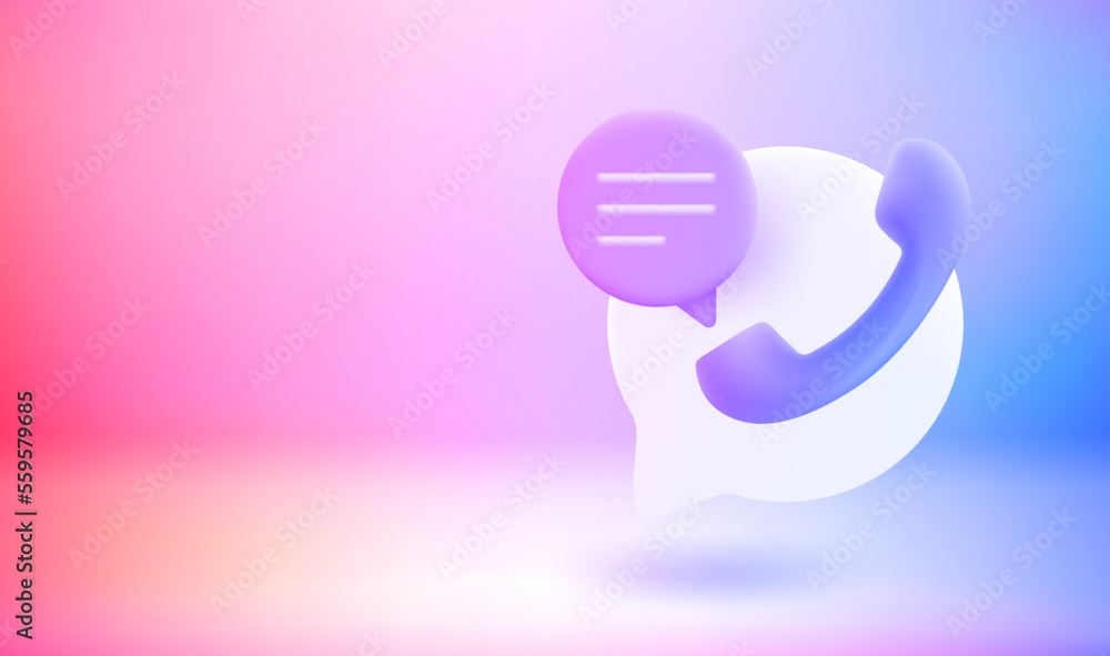 Poster Call center support concept with telephone tube and speech cloud. 3D vector banner with copy space