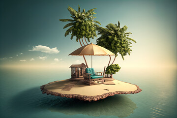 Fototapeta premium Fantasy landscape of an exotic island on the sea with an umbrella and deck chair. AI