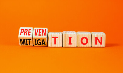 Prevention or mitigation symbol. Businessman turns cubes and changes the concept word Mitigation to...