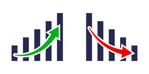 Conjunto de iconos de gráficos de estadísticas con flecha de crecimiento y decrecimiento. Grafico de pérdidas y ganancias financieras. Ilustración vectorial