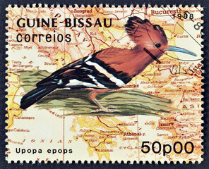 Cancelled postage stamp printed by Guinea Bissau, that shows Eurasian Hoopoe (Upupa epops), Maps...