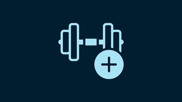 White Dumbbell Icon Isolated On Blue Background. Muscle Lifting, Fitness Barbell, Sports Equipment. 4K Video Motion Graphic Animation