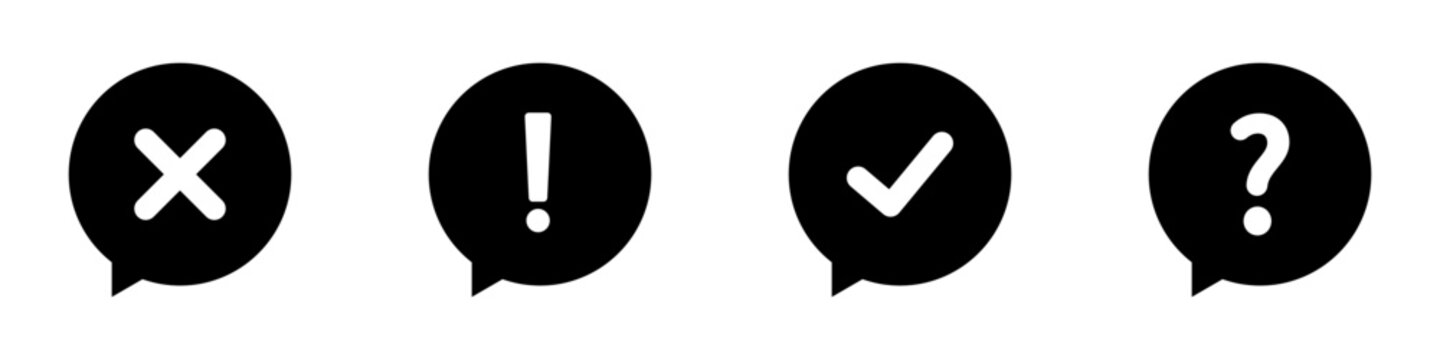 Conjunto de iconos de burbuja de marca de verificaci&oacute;n, exclamaci&oacute;n, cancelar, pregunta. Silueta de botones. Ilustraci&oacute;n vectorial