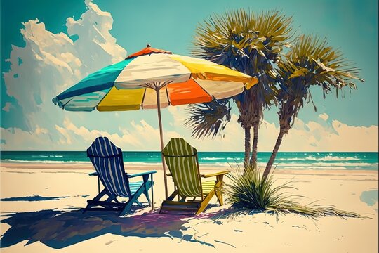 Fantasy landscape of an exotic island on the sea with an umbrella and deck chair. AI
