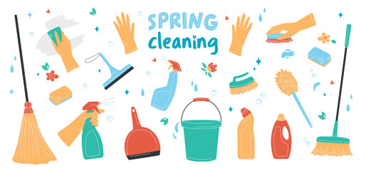 Hand drawn set of cleaning supplies, bottles, brush, spray, sponge, gloves. Spring cleaning and Housework concept. Various Cleaning items. Isolated Vector illustrations