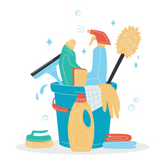 Hand drawn Bucket with cleaning supplies, bottles, brush, spray, sponge, gloves. Housework concept. Various Cleaning items. Isolated Vector illustrations © Elena Iakovleva