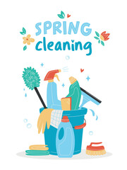 Spring cleaning concept. Hand drawn bucket with cleaning supplies, bottles, brush, spray, sponge, gloves. Housework concept. Various Cleaning items. Isolated Vector illustrations
