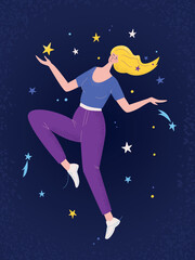 Woman dreaming and dancing in night sky and stars. Modern flat character. Woman with dream universe. Vector illustration