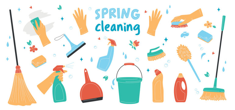 Hand drawn set of cleaning supplies, bottles, brush, spray, sponge, gloves. Spring cleaning and Housework concept. Various Cleaning items. Isolated Vector illustrations